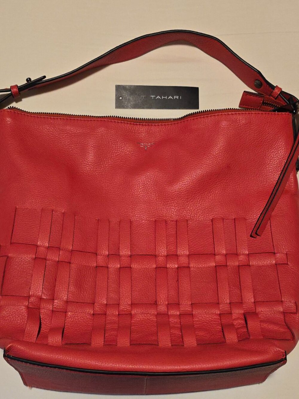 Tahari Channing Hobo handbag red leather Zip Top